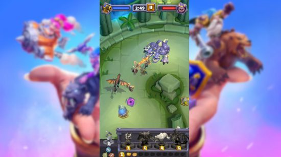 Screenshot of minis taking on a boss with multiple heads for Warcraft Rumble interview