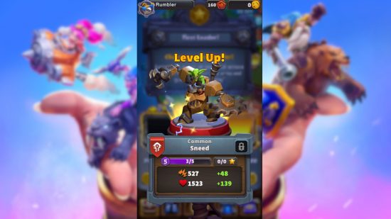 Screenshot of levelling up Sneed from Warcraft Rumble