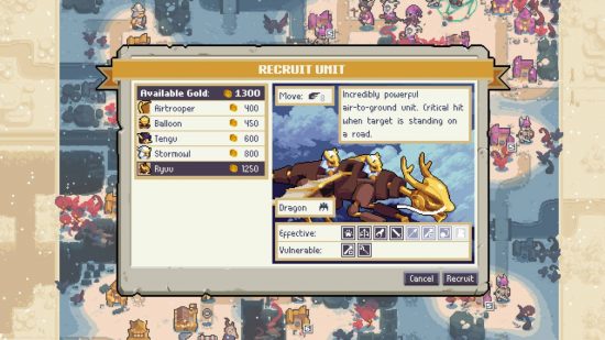 Wargroove 2 review: a pixelated scene shows several soldier units on top of a golden dragon
