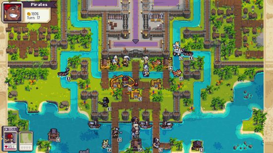 Wargroove 2 review: a pixelated scene shows a variety of units on a map filled with grassland and shallow water