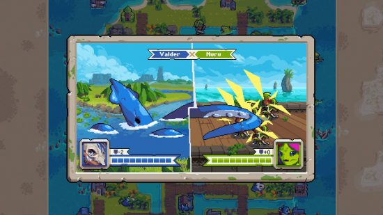 Wargroove 2 review: a pixelated scene shows an octopus attacking soliders