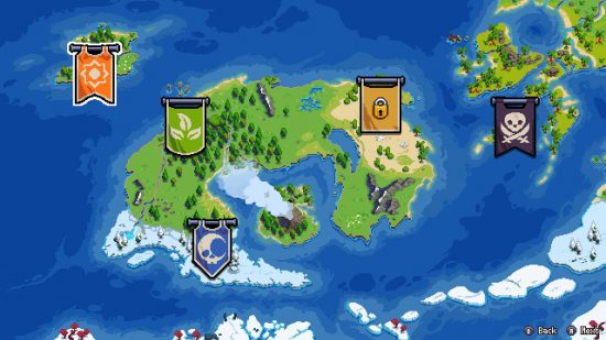 Wargroove 2 review: a pixelated scene shows a land with several different banners visible, signifying the different factions of Wargroove 2 and its campaigns