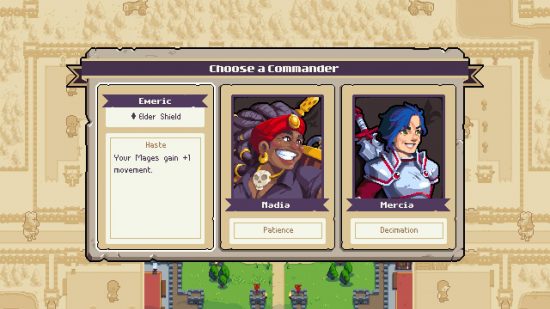 Wargroove 2 review: A pixelated menu shows a choice of two different commanders