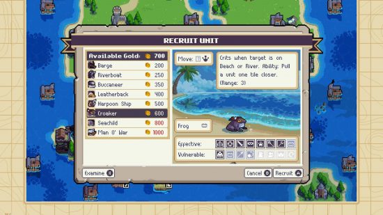 Wargroove 2 review: A pixelated menu shows a frog unit