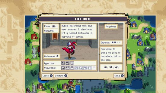 Wargroove 2 review: A pixelated menu shows a soldier on a flamingo