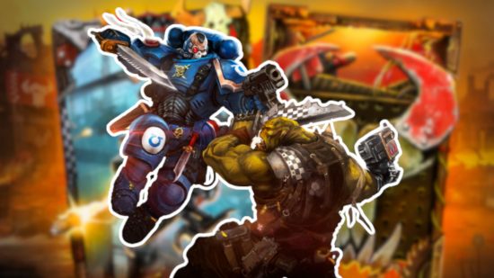 Custom image of a Space Marine battling an Orc for Warhammer 40,000: Warpforge release date news