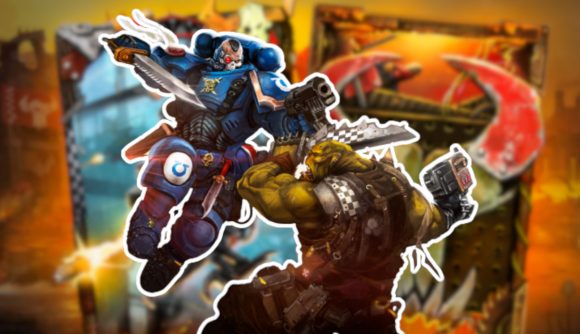 Custom image of a Space Marine battling an Orc for Warhammer 40,000: Warpforge release date news