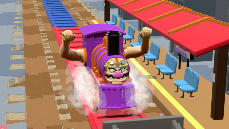 Screenshot from the steamtrain Wario minigame in WarioWare: Move It!