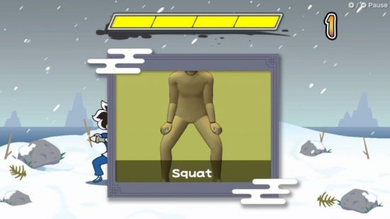 Screenshot of the Squat pose for WarioWare: Move It! review
