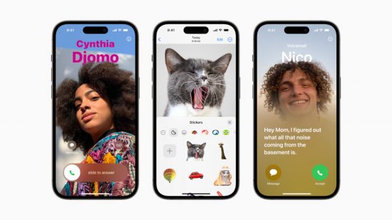 What is iOS: Three iPhones showing off new features. The left shows a fullscreen image of someone calling featuring a personalised name colour and font. The middle shows someone turning a photo of their cat into a digital sticker. The right shows a half-screen of someone's face and then shows a transcription of white text on a beige background of a voicemail that they left.