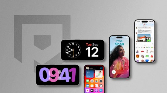 What is iOS: Multiple iPhones showing off various display options and features of iOS 17. They are pasted on a grey PT background and are laid out from the bottom middle-left to the top right corner in a diagonal shape