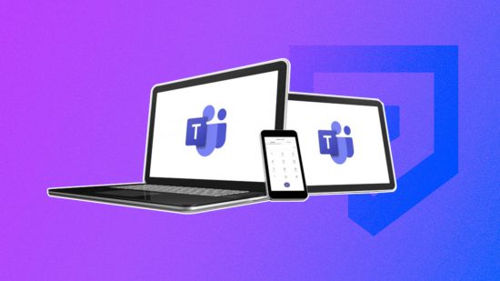 What is Microsoft Teams: A laptop, a tablet, and a phone all showing the Teams logo, outlined in white and pasted on a blue-purple PT background