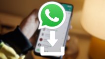 WhatsApp download: A blurred image from the WhatsApp blog of a person holding a phone showing WhatsApp, overlayed with the app logo and a white download arrow