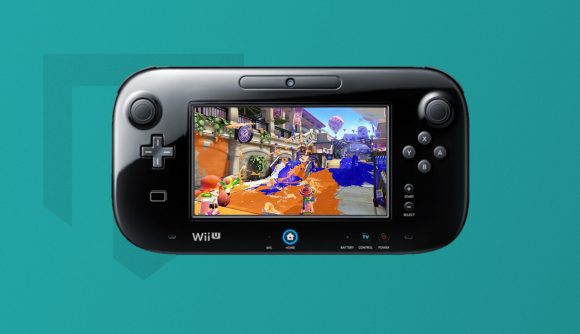 The Wii U game splatoon being played in front of a blue background
