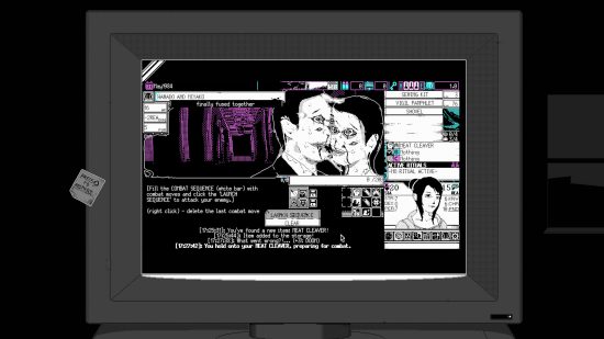 World of Horror review - a screenshot of combat, showing an enemy consisting of two people grotesquely fused together