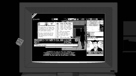 World of Horror review - a screenshot of gameplay during the Vigil story, showing the contents of the vigil pamphlet 