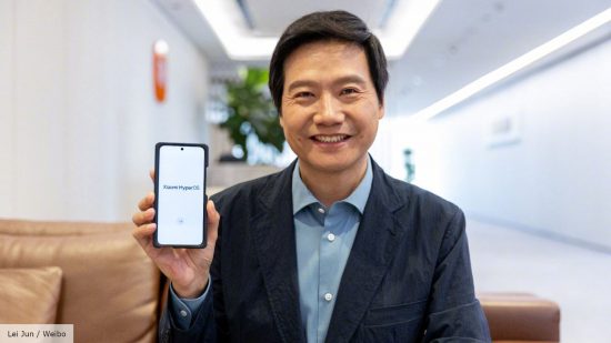 Image from Xiaomi CEO Lei Jun's Weibo profile posing with the Xiaomi HyperOS software logo