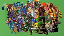 A group of Zelda characters posing in front of a green background