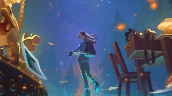 A Star Named Eos' official art showing a woman walking against a night time sky