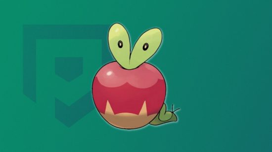 Applin evolution: the apple-shaped Pokémon on a green background
