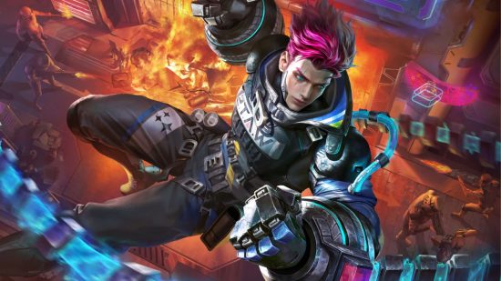Cyber Rebellion tier list: a character with bright pink hair and big gloves in the air above a city street