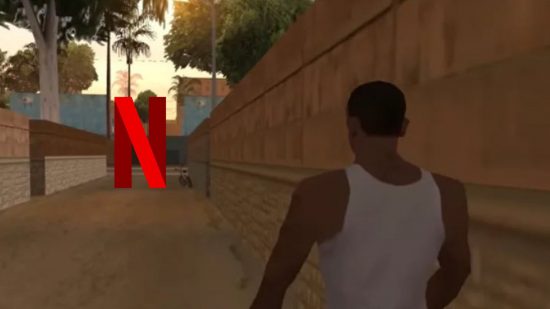 GTA Trilogy Netflix - a man walks down an alleyway towards the Netflix logo