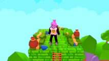 Get Richer with Every Click codes: a character standing on a tower made of money