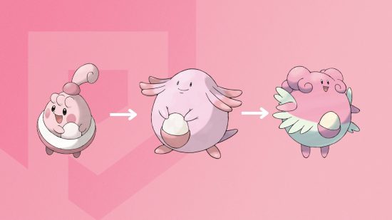 Happiny evolution: The three stages of Happiny's evolutionary Pokémon on a pink Pocket Tactics background
