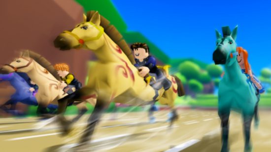 Horse Race Simulator codes: Roblox characters riding horses in a race