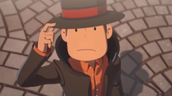 Level 5 showcase: Professor Layton with a sad face holding the brim of his hat