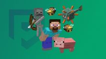 Minecraft mobs on a dark green background including a pig, bees, and a skeleton