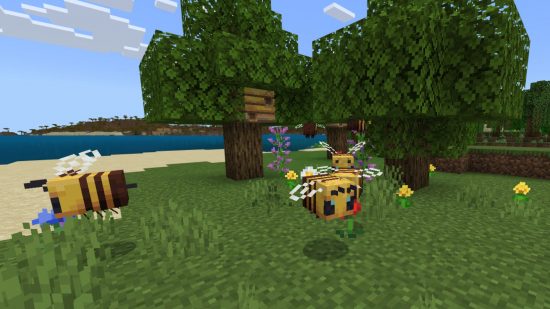 Minecraft mobs passive - a band of bees flying around a field in front of some trees