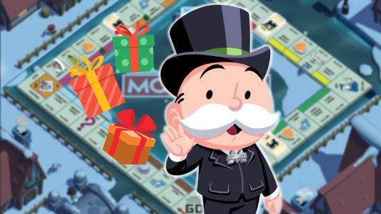 Monopoly Go winter update: Mr Monopoly standing next to some presents against a monopoly board