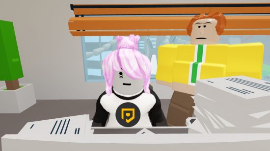 Online Business Simulator 3 codes: a Robloxian sat at a busy desk