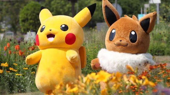 Pokémon Go Fest profits: Pikachu and Eevee walking through a field of flowers