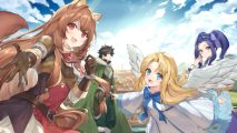 Shield Hero Rise tier list - four characters dressed in capes and adventurous clothing against a cloudy sky