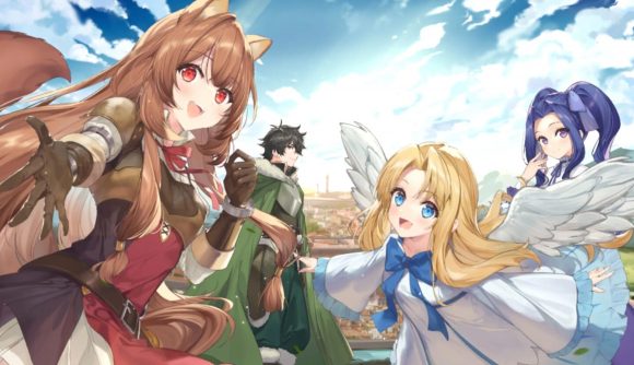 Shield Hero Rise tier list - four characters dressed in capes and adventurous clothing against a cloudy sky