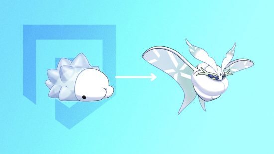 Snom evolution guide: Snom and Frosmoth on a blue background with an arrow pointing from Snom to Frosmoth