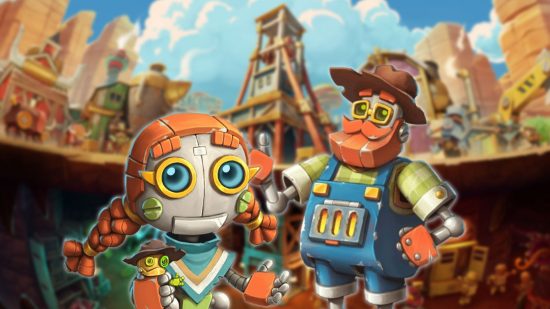 SteamWorld Build review - key art with two robot characters overlaid