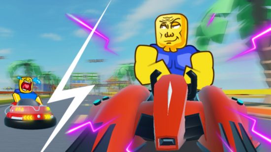 Super Kart Simulator codes: two characters in karts looking at each other on a racetrack