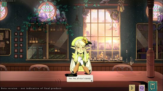 Tavern Talk preview: a character dressed in green sat at a bar during the day time