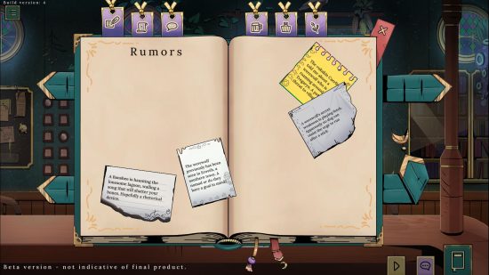 A notebook in Tavern Talk filled with scraps of paper detailing new quest items