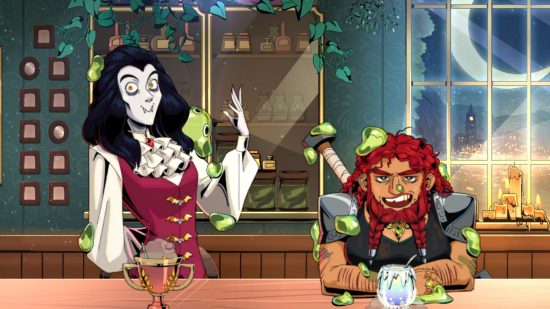 Tavern Talk preview: two fantasy characters stood in a bar with slime on their clothing
