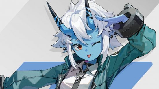 Zenless Zone Zero Soukaku's official art showing off her blue skin and horns