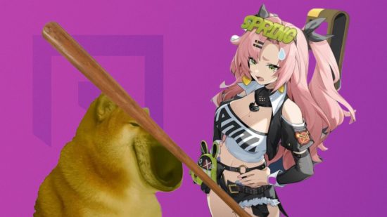 Zenless Zone Zero feature - Nicole and a dog meme with a baseball bat hitting it in the head