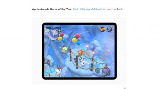 Screenshot of the App Store Awards page with Hello Kitty Island Adventure on a tablet