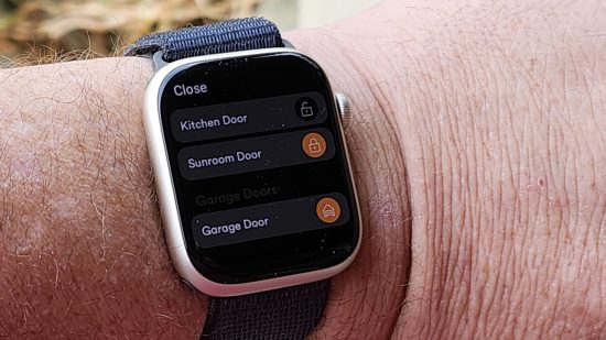 Custom image for Apple Watch Series 9 review showing the device on the wrist with options open
