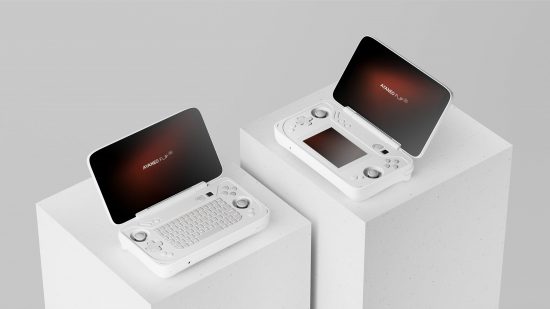 The Ayaneo Flip KB and DS sitting on white pedestals against a white background