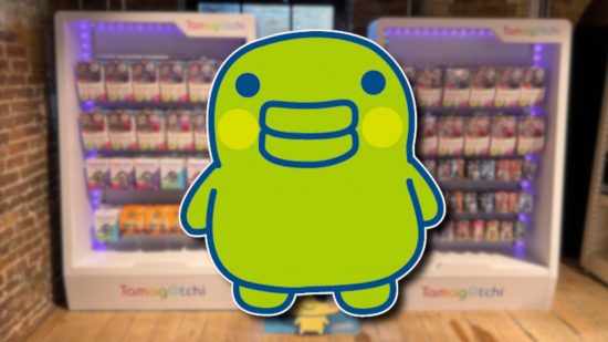 Bandai Namco stores: Kuchipatchi, the green lazy Tamagotchi, outlined in white and pasted on a blurred photo of a Tamagotchi stand in the Bandai Namco Cross Store in Camden