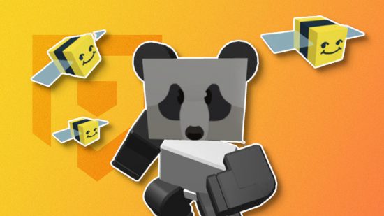 Bee Swarm Simulator codes - a panda bear and three bees against a yellow background with the Pocket Tactics logo on it